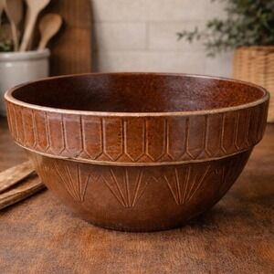 Brown Salt Glaze Mixing Bowl 12" Art Deco Pattern Stoneware Batter Bowl Antique